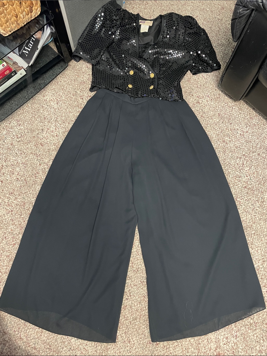 Vintage 90s Black High Rise Ultra Wide-Leg Pant With Sequin Cropped Blazer Set